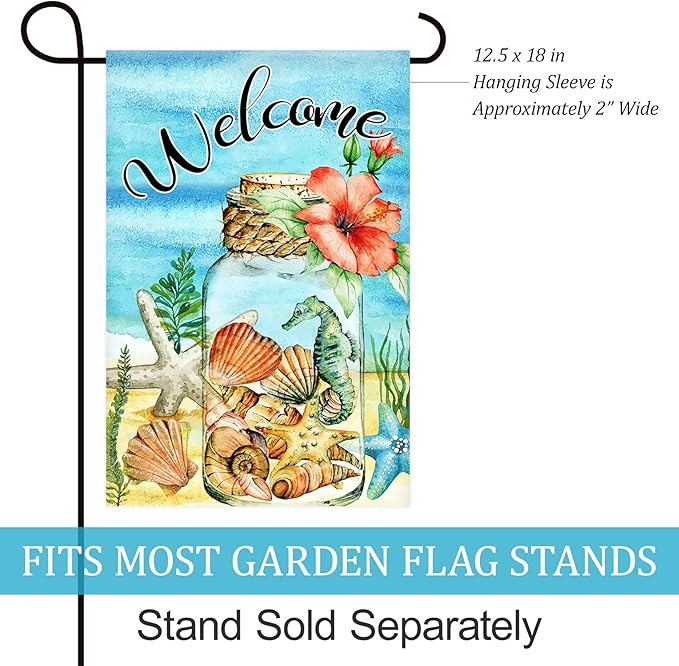 Texupday Welcome Floral Mason Jar Shell and Starfish Hippocampus Decoration Summer Seaside Garden Flag Holiday Party Beach Coastal Outdoor Yard Flag 12" x 18"
