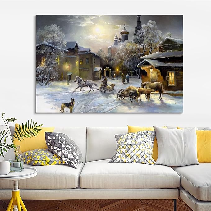 STUDIO HAVEN Thomas Kinkade Canvas Wall Art, Winter Village Moonlit Scene Horse-Drawn Sleigh and Dog Oil Painting Poster Rustic Wall Decor, Framed Prints for Home Decor, 48x32Inch