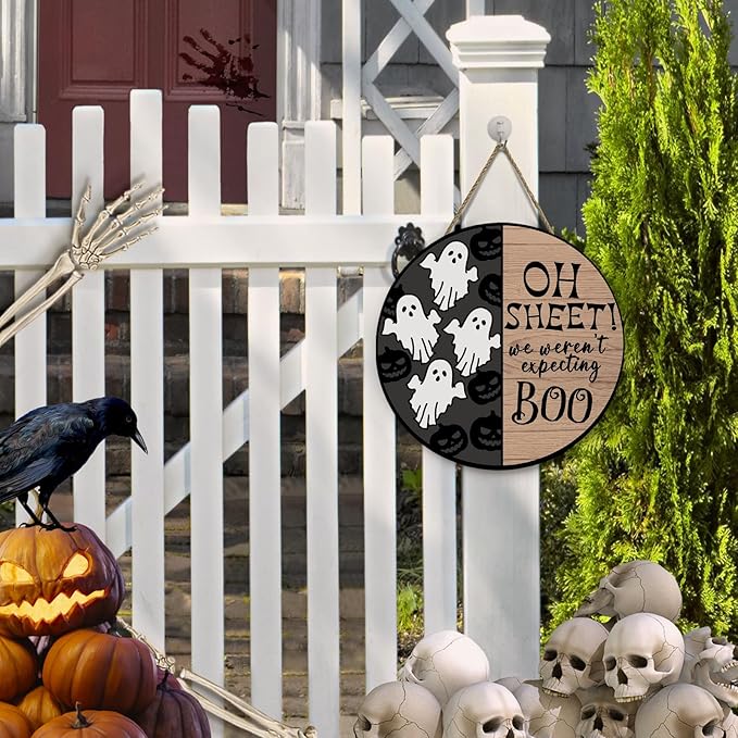 Halloween Spooky Ghost Door Sign for Front Door Horror Boo Pumpkins Door Wall Hangers Welcome Wooden Hanging Sign for Home Party Outdoor Decorations