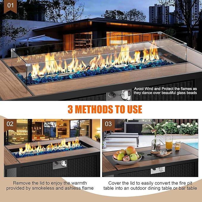 45 inch Propane Fire Pit Table, 50,000 BTU Outdoor Gas Fire Pit Table with Lid, Glass Wind Guard, Waterproof Cover, Rectangle Gas Firepit Table for Garden/Patio(Walunt)