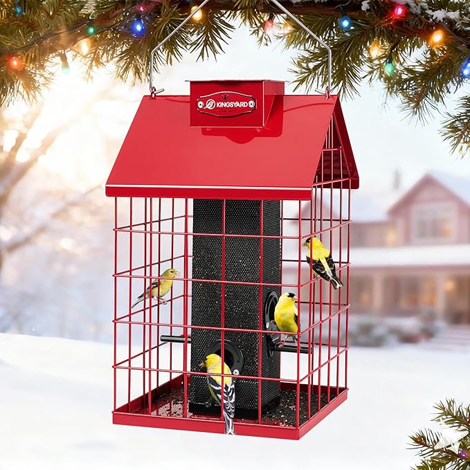 Kingsyard Squirrel Proof Caged Bird Feeder for Outdoor Hanging - Weatherproof Metal Mesh Tube Finch Bird Feeder with 4 Ports for Nyjer/Thistle Seed, Small Birds Goldfinches, Chickadees, Red