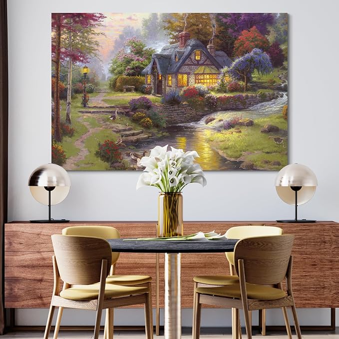 STUDIO HAVEN Thomas Kinkade Canvas Wall Art, Riverfront Cottage Stream with Ducks Stone Path Flower Garden Warm Lights Oil Painting Poster Rustic Wall Decor, Framed Prints for Home Decor, 40x28Inch