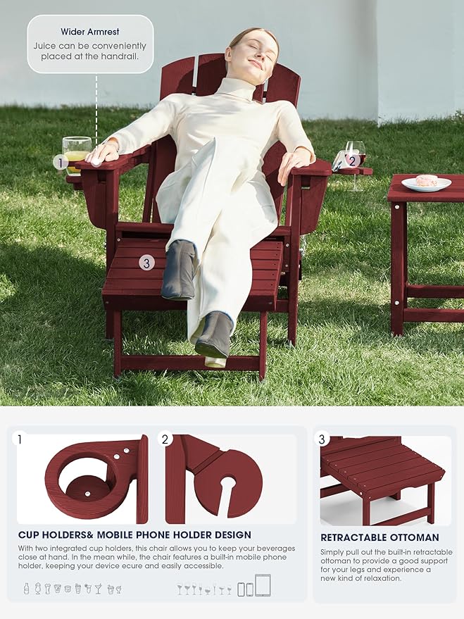 KINGYES Folding Adjustable Adirondack Chair with Ottoman & 2 Cup Holders Set of 2, HDPE Recliner Adirondack Chair with Footrest, Red