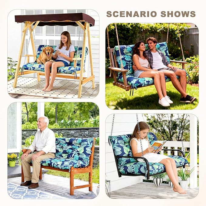 Porch Swing Cushion with Backrest,Waterproof Bench Cushion for Outdoor Furniture,2-3 Seater Replacement Thickened Swing Cushion with Ties,Patio,Outdoor,Backyard and Garden (Floral Navy,47x40")
