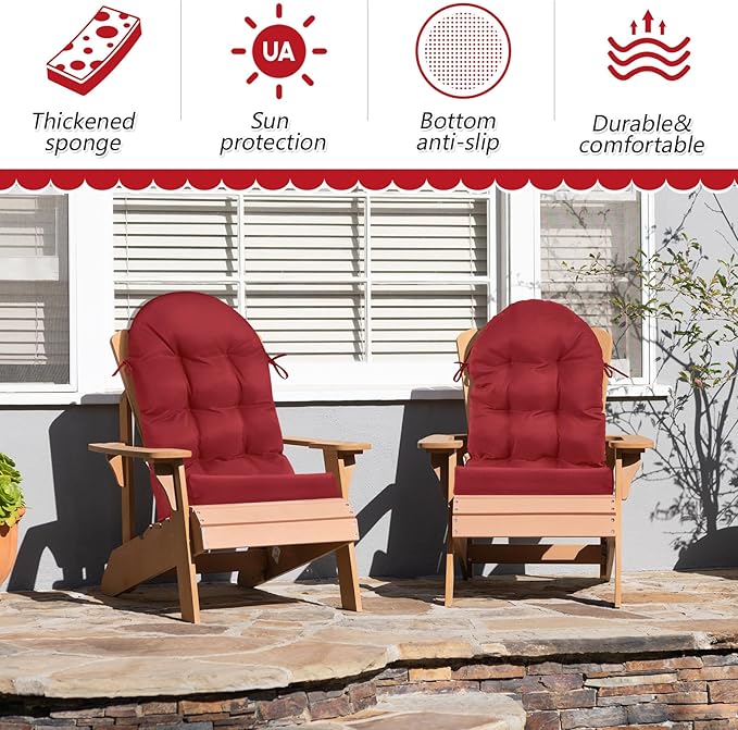 Geelin 2 Pcs Adirondack Chair Cushion High Back Patio Rocking Chair Cushion 44 x 19 x 4 Inch Tufted Weather Resistant Fade Resistant Seat for Patio Rocking Seat (Rubine)
