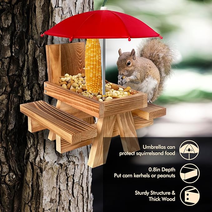 Squirrel Feeder Picnic Table, Squirrel Peanut Feeder for Outside, Backyard Squirrel Watching & Feeding