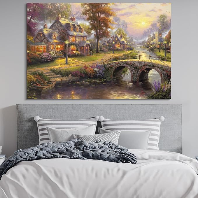STUDIO HAVEN Thomas Kinkade Canvas Wall Art, River Village Stone Bridge Flower Filled Swan and Glowing Cottages Oil Painting Poster Rustic Wall Decor, Framed Prints for Home Decor, 40x28Inch