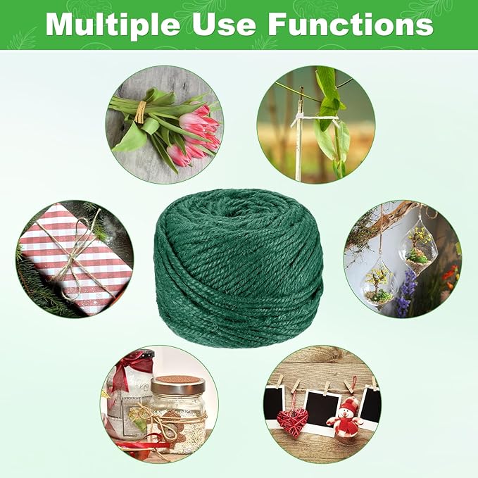 1-Pack Natural Jute Twine String, 3mm x 328ft/100m Long Garden Twine Balls for Crafts/Gift Wrapping/Gardening Plants, Durable Plant Ties Thick Rope [Dark Green]