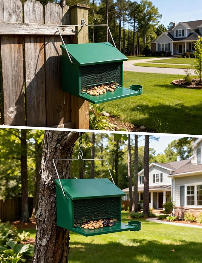 Metal Squirrel Feeder, Hanging Squirrel Feeders for Outside, Chipmunk Hanging House Box with Water Bowl for Corn, Nut, Peanuts