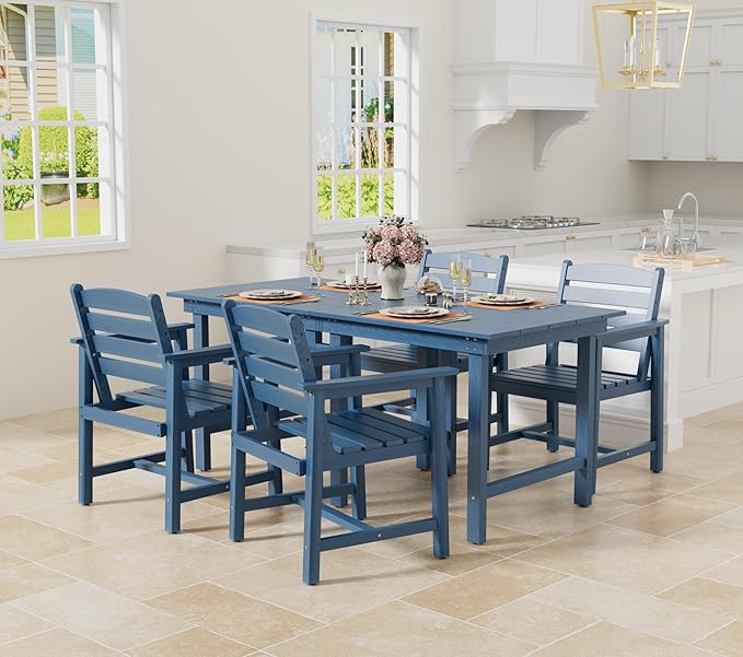 Anbuy Patio HDPE Dining Table Set, 5-Piece Outdoor Dining Table Sets, 2 in 1 Outdoor Furniture Table and 4 Outdoor Chairs for Garden, Backyard, Poolside, Easy Assembly, Blue