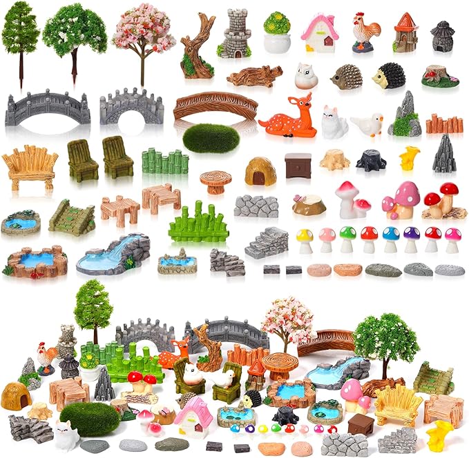 65 Pcs Fairy Garden Accessories Mini Resin Animals Figures Miniature Table and Chairs Bridge Mushroom Pond Fence Moss Bonsai Landscape Ornaments Kit for Garden DIY Craft