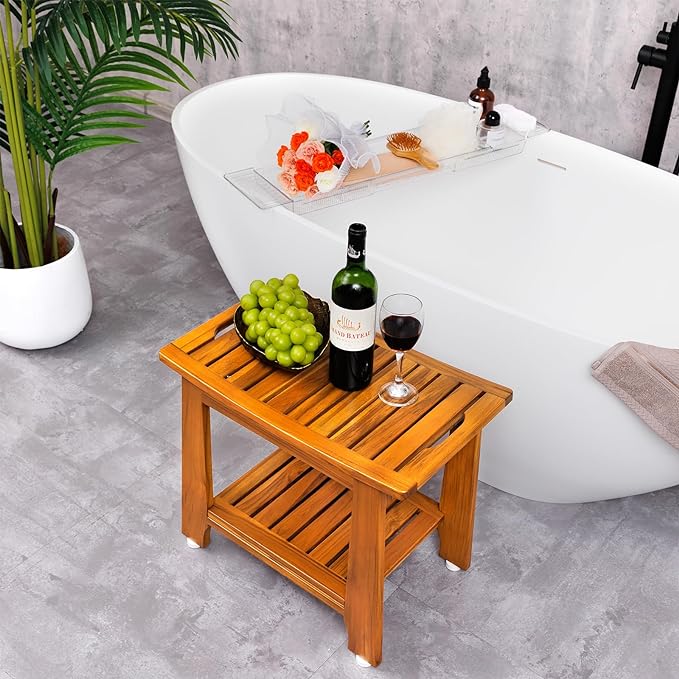 18" Standard Teak Shower Bench with Shelf & Handle - Waterproof, Non-Slip Bath Stool, 300 lbs Capacity - Fits Standard Tubs/Showers & Outdoor Use (Patented)