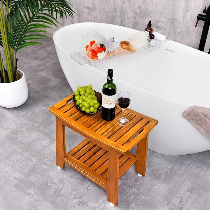 14" Compact Teak Shower Stool with Shelf & Handle - Waterproof, Non-Slip Bath Bench for Small Bathrooms/Tub/Outdoor Use, 300 lbs Capacity (Patented)