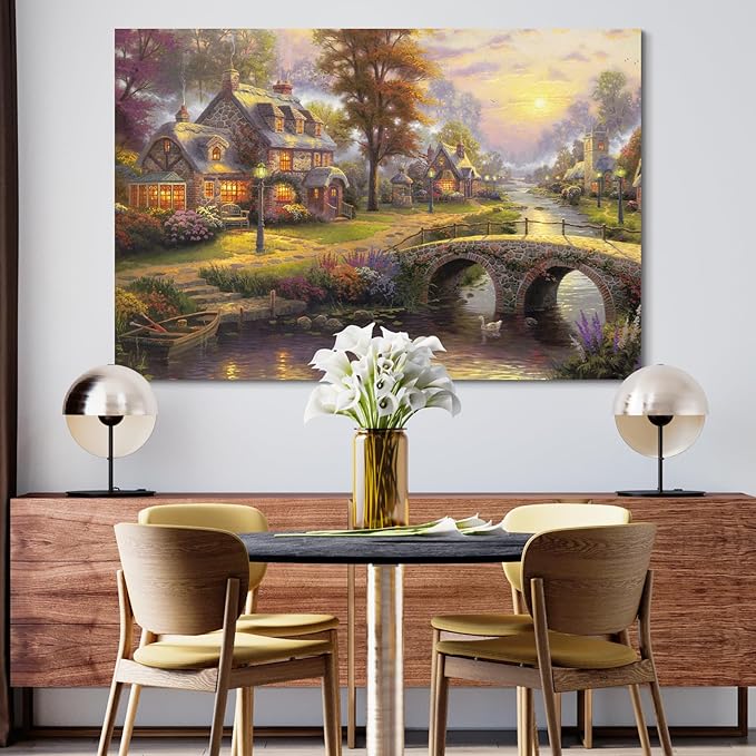 STUDIO HAVEN Thomas Kinkade Canvas Wall Art, River Village Stone Bridge Flower Filled Swan and Glowing Cottages Oil Painting Poster Rustic Wall Decor, Framed Prints for Home Decor, 48x32Inch