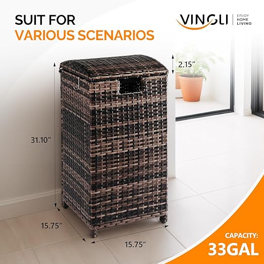 VINGLI 33 Gallon Outdoor Trash Can with Convenient Lid, Rattan Garbage Container with Side Hook, Weatherproof Patio Trash Can for Graden, Yard, Patio, Brown