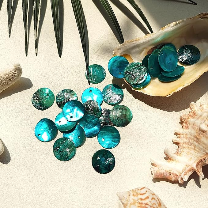 Firstmeet Shell Beads 65pcs Natural 20mm Flat Round Mussel Shell Coin Drop Charm Beads with Iridescent Back for Handcraft Jewelry Making(DIY-1023-Teal-20)