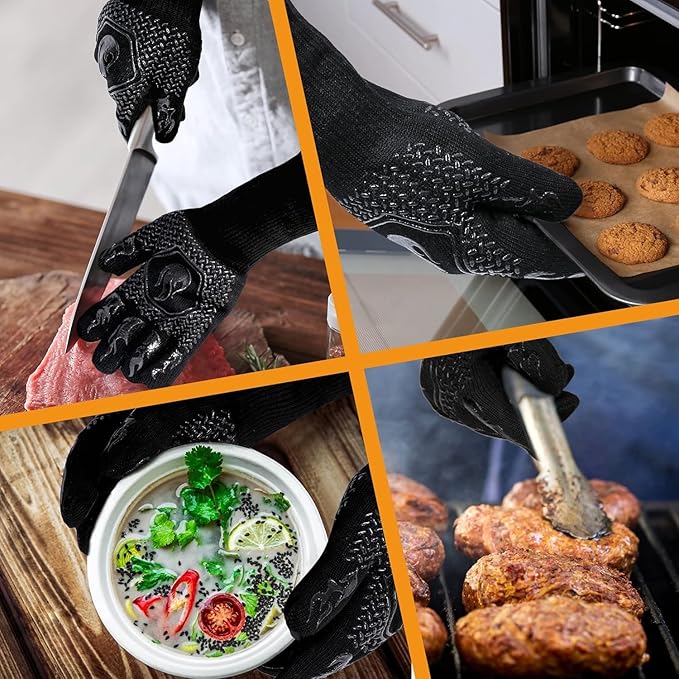 BBQ Grill Gloves Heat Resistant 1472℉ High Temp Resistance Fireproof Glove for Grilling Smoking Barbecue Washable Long Oven Extreme Hot Proof Mittens for Kitchen Baking (Black)