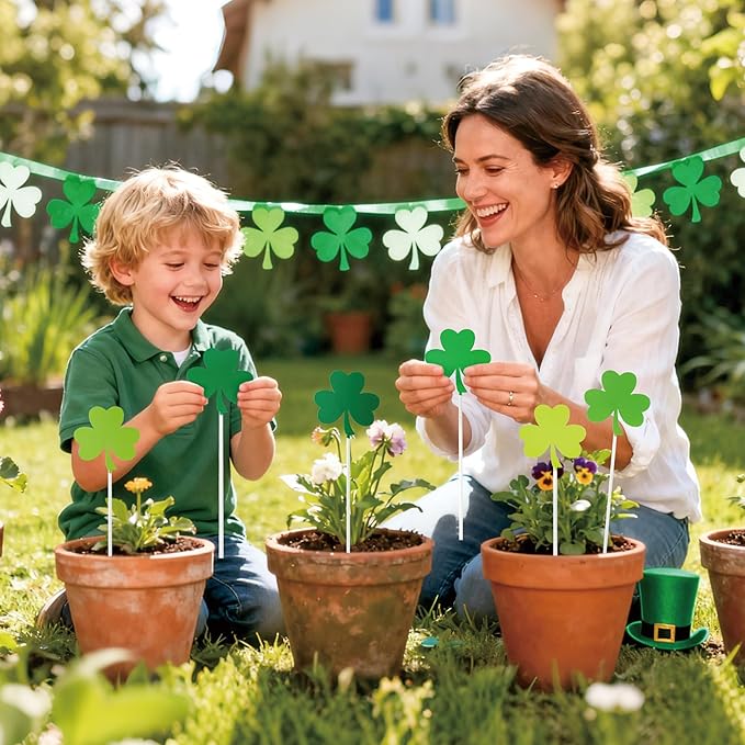 Metal St. Patrick's Day Planter Stakes - 6Pcs Green Shamrock Yard Sign Decorative Garden Stake for Planter Outdoor Backyard Pathway Lawn Plant Pot Decor St. Patrick's Day Spring Party Supply