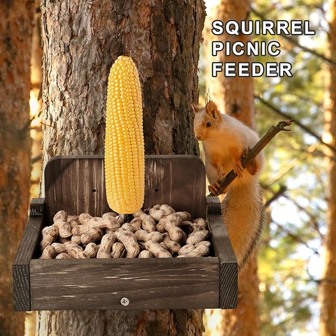 Durable Squirrel Feeder Outside, Squirrel Feeders for Outdoors, Chipmunk Feeder for Patio, Lawn, Garden, Squirrel Food for Backyard Squirrels Holds Corn Cobs, Peanut (Dark Brown, Small)
