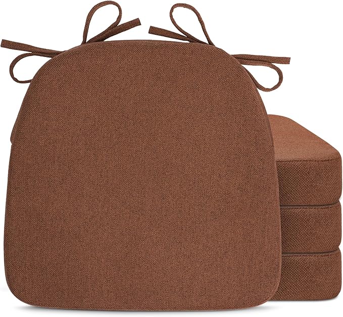 Chair Cushions for Dining Chairs, D-Shaped Seat Cushions with Removable Washable Cover and Ties, Chair Pads for Kitchen, Indoor Dining Room, Patio Chairs, 17'' x 16'', Set of 4, Brown