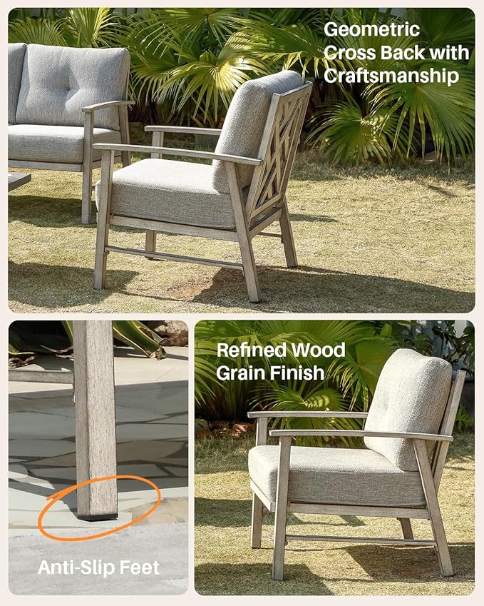 Outdoor Patio Chairs Set of 2, Outdoor Aluminum Armchair Conversation Set with Thick Cushions, 2 Pieces All Weather Patio Furniture Sofa Chairs Set for Garden, Poolside, Lawn, White Oak