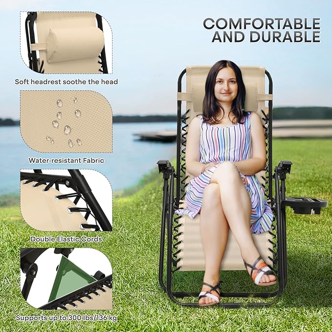 Athena Collection Zero Gravity Chair, Outdoor Lounge Chair with Adjustable Pillow and Cup Holder, Reclining Camping Chair for Outside Beach Lawn Garden Patio Poolside Set to 2- Cream