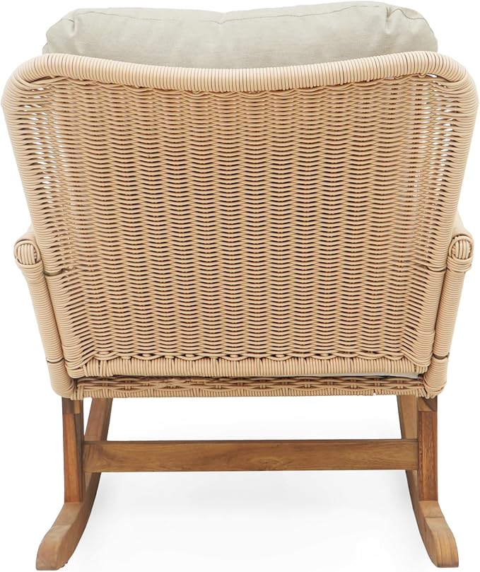Christopher Knight Home Nadine Patio Rocking Chair, Wicker Rocker, Wood Leg Rocking Chair, PE Rattan Wicker Chair, Rocking Chair with Cushions, Comfort Wicker Rocker for Backyard Balcony Porch, Beige