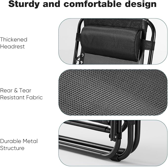 NEWBULIG Zero Gravity Chair Set of 2, Lounge Chair Folding Portable Adjustable Camping Reclining Chairs with Adjustable Pollow, Mesh Back, Cup Holder Trays Lawn Patio Chair for Pool Beach