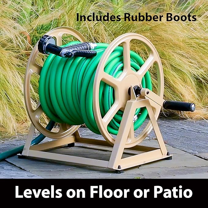 Liberty Garden 709 Steel Wall/Floor Mounted Hose Reel, Holds 200-Feet of 5/8-Inch Hose - Tan, 17.6 x 22 x 15