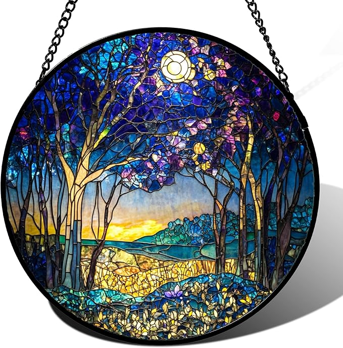 Stained Glass Window Hanging Blue Purple Forest Trees Landscape Moon Large 11.8" - Suncatcher Door Garden Sun Catcher Home Decor Birthday Christmas for Mom Men Woman Nana