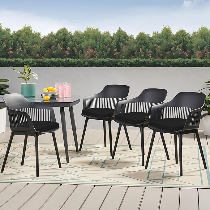 Outdoor Chair Cushions Set of 4, 17 x 16 Inch Patio Chair Cushions for Outdoor Furniture, Water Resistant, Non-Slip Ties (Black)