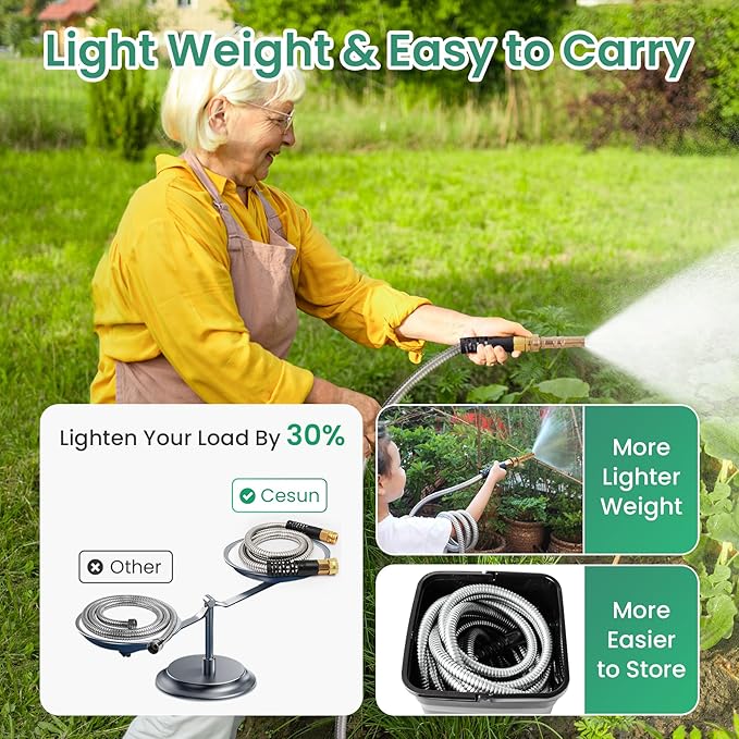 Cesun Ultra-Sturdy 25ft Metal Garden Hose - 304 Stainless Steel, Flexible & Kink-Free, UV Resistant, All-Weather, Includes High-Pressure Brass Nozzle - Ideal for Home & Outdoor Use