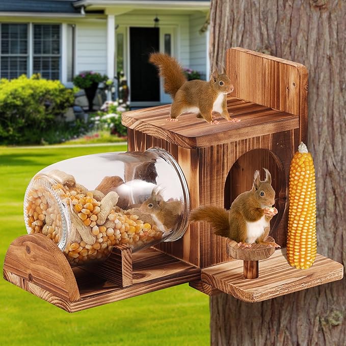 Wood Squirrel Feeder, Squirrel Feeders for Outside Garden Tree, Chipmunk Feeder for Corn Peanuts, Removable Storage Bottle, 2 Stable Squirrel Stools