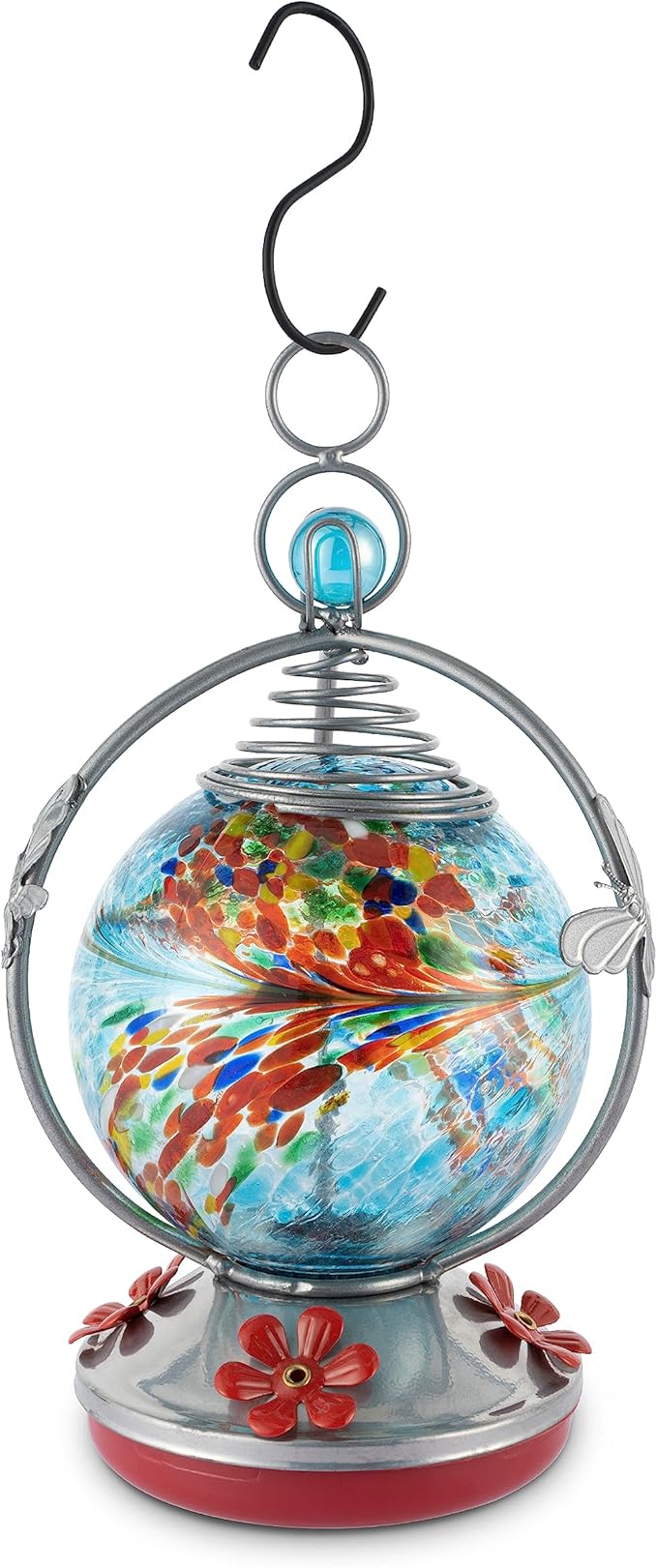 Backyard Expressions Glass Hummingbird Feeder - Blue - Hummingbird Feeders for Outdoors Hanging, Hand Blown Glass Hummingbird Feeder with Spiral Pattern