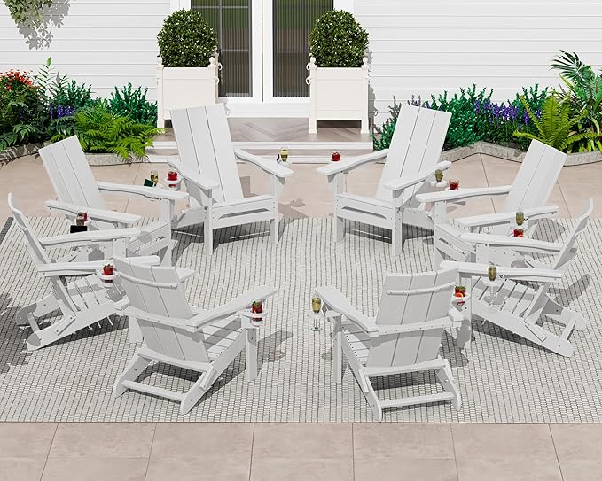 SERWALL Modern Folding Adirondack Chair Set of 4, All Weather Resistant Outdoor Adirondack Chair with Cup Holders, HDPE Adirondack Chair for Patio Lawn Garden, White