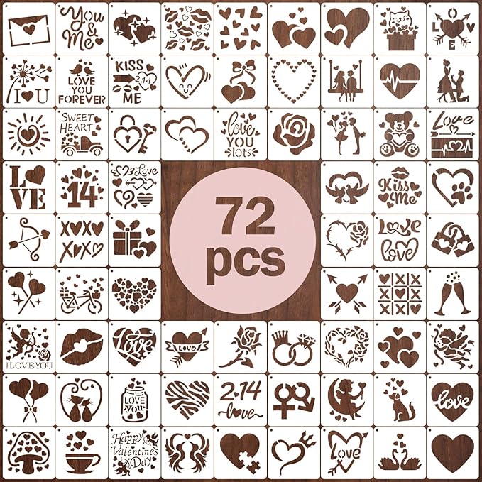 72 PCS 3x3 Inch Valentine‘s Day Stencils for Painting - Love red HeartKiss red RoseCupid's Arrow Reusable Valentine's Painting Templates on Wood, Glass, Fabric, Window Door Decor DIY Decoration