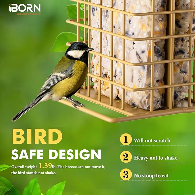 iBorn Suet Feeder for Outside Hanging,Suet Bird Feeders for Outdoors,Suet Holder with Squirrel Proof Hanger Hook,Suet Cage Bird Feeders,Woodpecker Feeder,Weatherproof Metal Roof,1 Pack,Muted Yellow