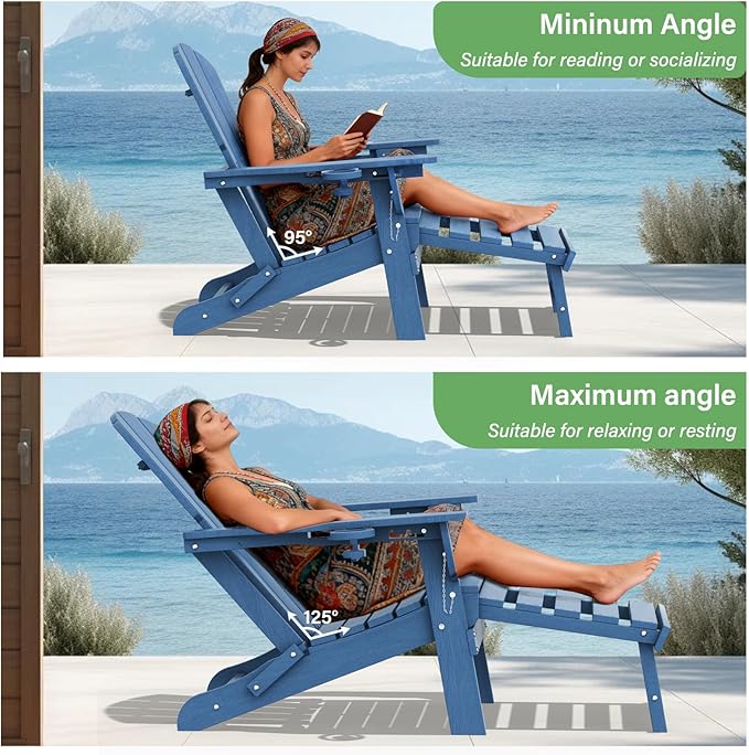 LOUNZY Folding Adjustable Adirondack Chair with Retractable Ottoman, HDPE Recliner Adirondack Chair with Cup Holder for Deck Lawn Fire Pit, Navy