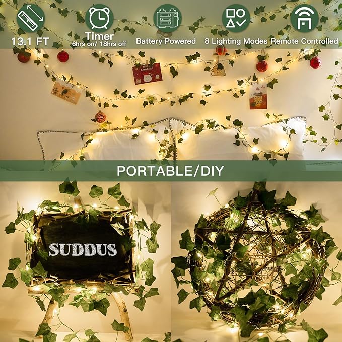 suddus Vine with Fairy Lights Battery Operated, 13.1ft 40 LED Ivy String Light with Remote, Leaf Lights for Bedroom, Room, Wall, Garden, Party, Wedding Dorm Decor (Warm White)