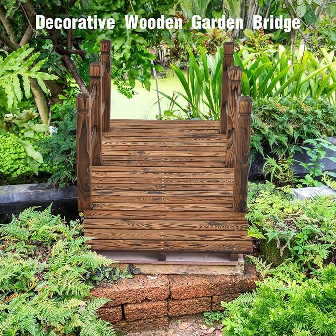 Giantex 5 ft Garden Bridge - Stained Wood Arc Footbridge Walkway with Side Railings, Decorative Wooden Bridge Landscaping for Backyard Farm Garden Creek Pond Decor, Easy to Assemble (Stained Brown)