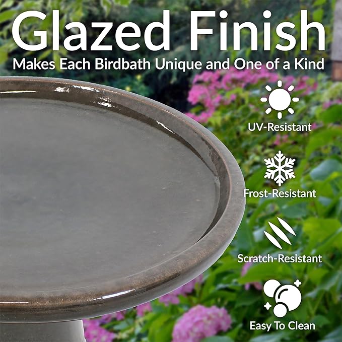 Sunnydaze 21" H Ceramic Bird Bath for Outside - Hand-Painted Outdoor Bird Bath Bowl, UV/Frost-Resistant Finish - Dusty Rose