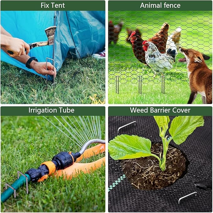 AMAGABELI GARDEN & HOME 4 Inch 50 Pack Galvanized Landscape Staples Garden Staples 12 Gauge Garden Stakes Plant Cover Stakes U-Shaped Landscape Stakes Landscape Pins for Weed Barrier Fabric