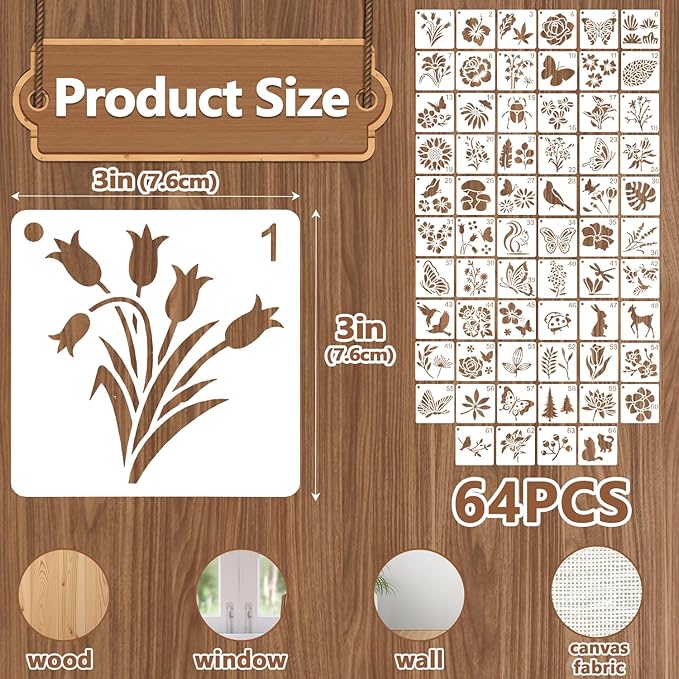 64 PCS 5 Inch Flower Stencils, Plant Butterfly Reusable Plastic Paint Templates for Painting on Wood, Botanical Birds Animal Forest Theme Stencils Set for Wall Rock Canvas Drawing Art Fabric Tile Home