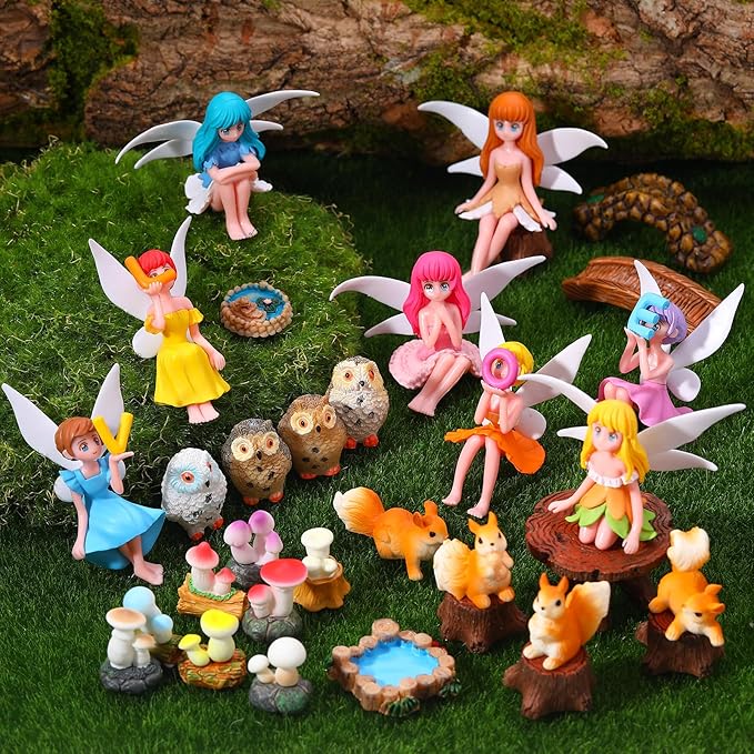 33 Pcs Fairy Garden Accessories Miniatures Garden Kit with Resin Fairies, Mushroom House & Bridge Miniature Accessories for Terrarium, Dollhouse & Outdoor Decor