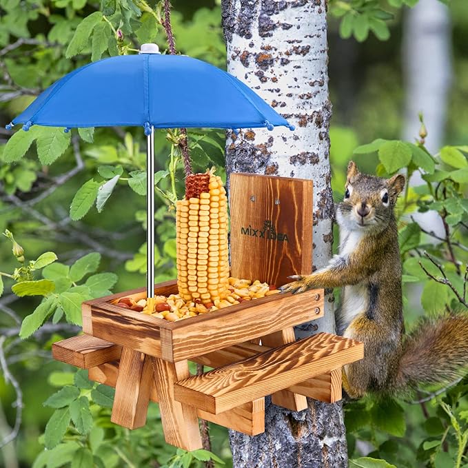 MIXXIDEA Squirrel Feeder Picnic Table with Tall Umbrella, Wooden Squirrel Feeders for Outside, Cute Chipmunk Feeder with Corn Cob Holder, Solid Structure, Thick Wood (Rustic Brown Red Umbrella)