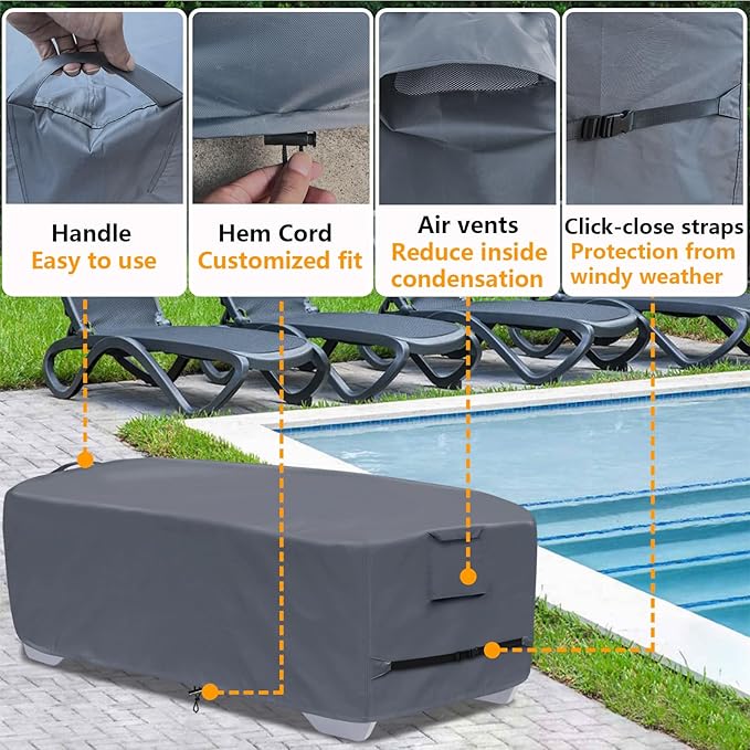 Stackable Chaise Lounge Covers for 2-3 Stackable Patio Lounge Chair, 600D Weather-Resistant Polyester Fabric, Outdoor Furniture Storage Cover for Stackable Lounge Chair - 80"L x 30"W x 20"H, Gray