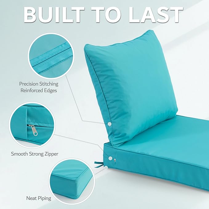 22x22 Inch Patio Chair Cushions Set of 4, Outdoor Furniture Cushions - Removable Cover, Water-Repellent, Fade-Resistant, Non-Slip Bottom & Straps, Replacement for Lawn, Porch & Deck Chair - Teal