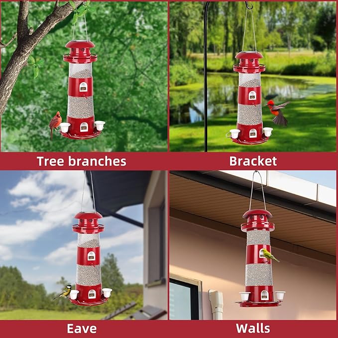Bird Feeders for Outside, Solar Wild Bird Feeder for Outdoors Hanging, 2.3lbs Metal Birds Seed Feeders with 5 Feed Ports Large Capacity Container Drinking Cups for Wild, Finch