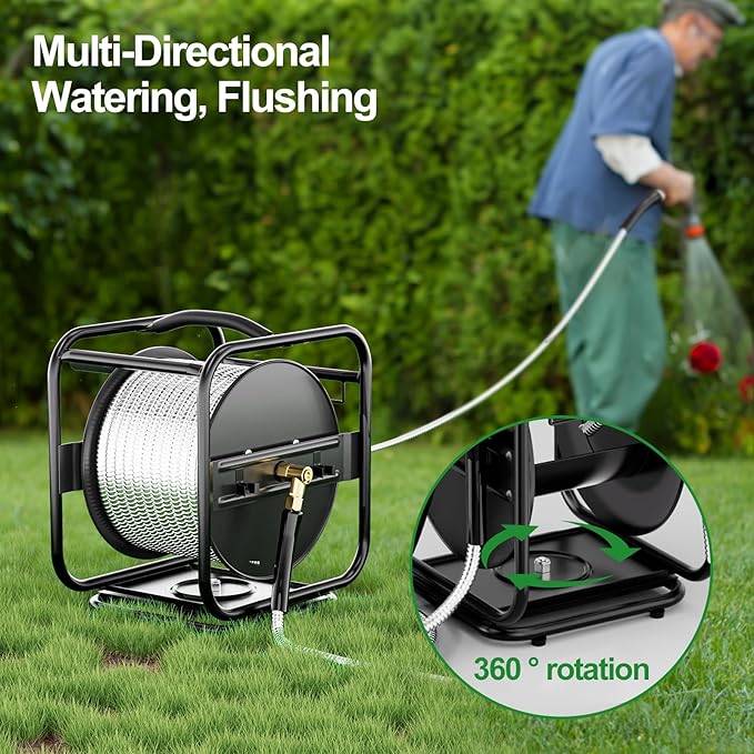 SPECILITE Heavy Duty Metal Garden Hose Reel With 100 Ft 304 Stainless Steel & Aluminum Nozzle, Wall Mount/Floor Water Pipe Spool, 360° Rotation Frame, Winder Combo, Black