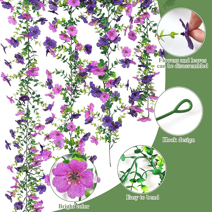 2 Pack Artificial Flowers Garland Ivy,Spring Summer Decor UV Resistant Fake Daisy Vines Floral Vine Silk Hanging Flower for Decor Home Garden Wedding Photo Booth Backdrop (Light Dark Purple)